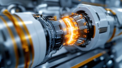 Fototapeta premium This close-up captures a high-tech mechanical component featuring glowing elements and intricate detailing. The metallic surfaces reflect light, highlighting advanced engineering features