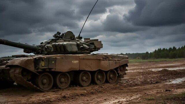 Military tank in muddy terrain