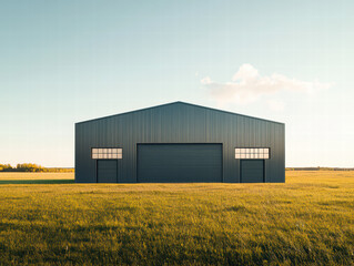 Obraz premium Industrial Structure in Open Field: A sleek, modern industrial building stands majestically in a sun-drenched open field.