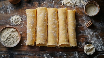 Overhead view of uncooked cannelloni pasta tubes with flour on a rustic wooden surface ready to be filled