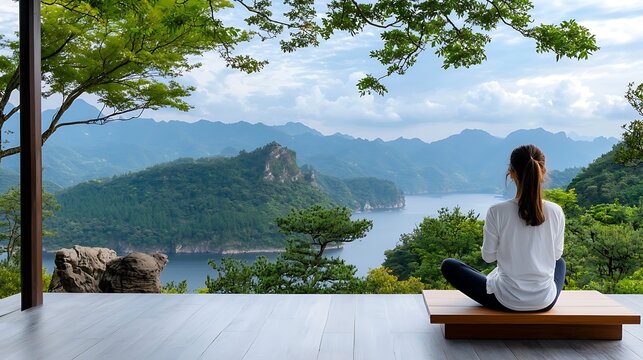 there is a woman that is sitting on a bench looking out at the mountains