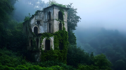 Abandoned Structure Surrounded by Lush Greenery and Misty Atmosphere