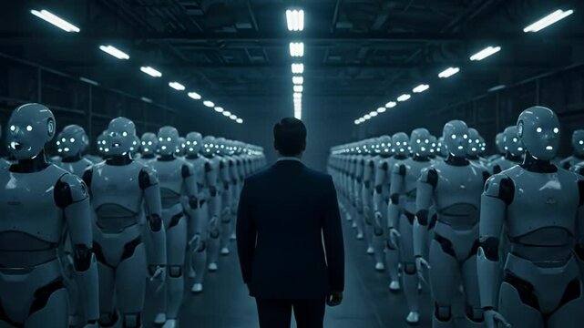 Person walks past rows of robots in industrial space