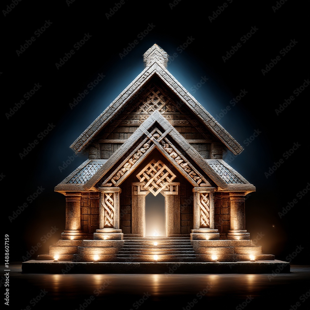 Poster mystical stone temple with intricate carvings and glowing entrance, illuminated by warm light on a d