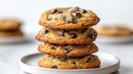 A stack of four golden-brown chocolate chip cookies on a small white plate with other cookies blurred in the background