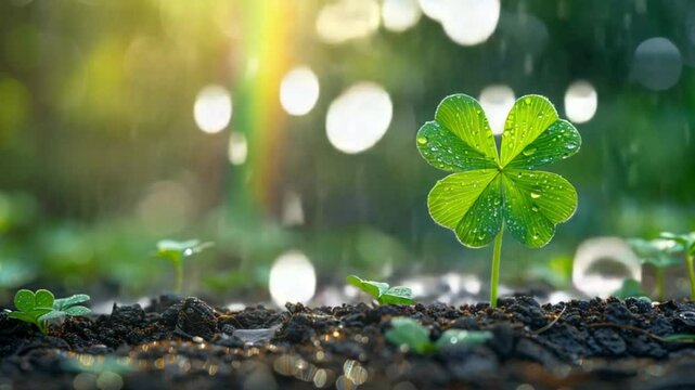 Four leaf clover with rainbow