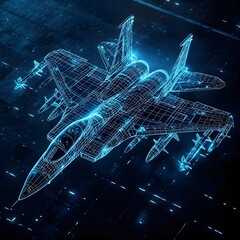 A digital wireframe hologram of a fighter jet on a dark tarmac, glowing blue with detailed lines, showcasing modern aerospace design	