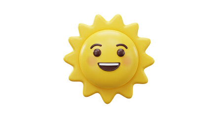 A smiling yellow sun with a cartoon face and rays isolated on a plain white background in a close up view