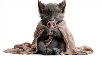 Tiny gray kitten, wrapped in beige cloth, holding pink pacifier