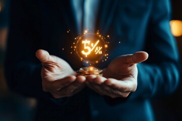 Businessman holds glowing 5% symbol with coins.