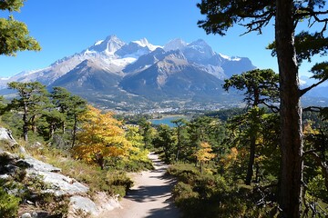 Mountain Lake Autumn Trail View.