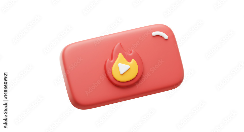 Poster isolated red icon with play button inside fire shape on a white background in a rendered style