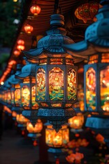 Fototapeta premium Japanese Festival Lanterns in Night Scene Rendered in 3D Clay
