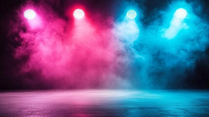 Fototapeta premium A dramatic scene featuring four spotlights on a concrete floor.