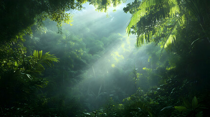 Enchanting Sunlight Filtering Through Lush Tropical Rainforest Canopy