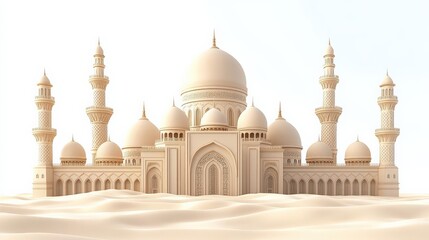 Obraz premium Illustration of a grand palace with domes and minarets in a desert setting.