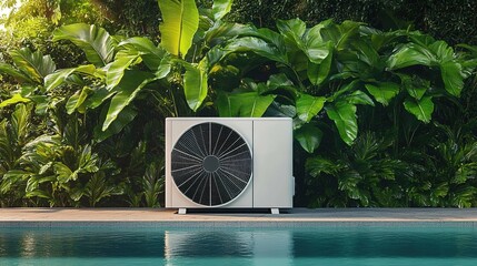 Heat Pump by the Poolside Surrounded by Tropical Plants