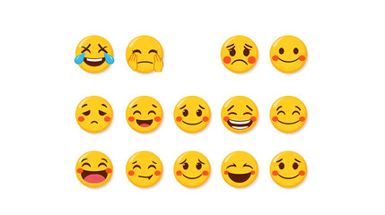 Naklejka premium Funny cartoon yellow emoji and emotions icon collection. Mood and facial emotion icons. Crying, smile, laughing, joyful, sad, angry and happy faces, emoticons vector set 10 eps.