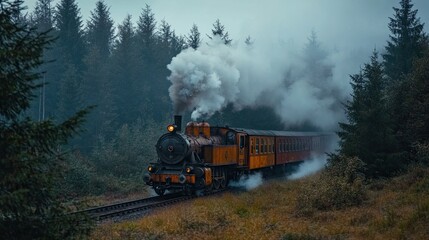 Obraz premium Vintage steam train travels through a forest with smoke billowing into the cloudy sky on a moody day