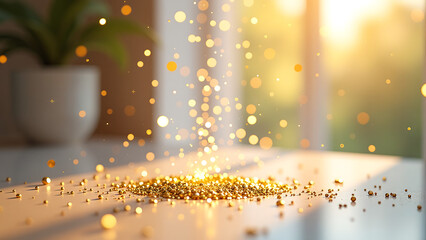 Obraz premium cascade gold glitter confetti swirls around delicate logo center set soft natural light backdrop softly