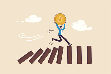 Obraz premium Stop loss or cut loss from Bitcoin and cryptocurrency collapse, trader technical analysis, escape or avoid investment risk, businessman investor carrying bitcoin running away from collapse domino.