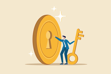 Financial key success, unlock secret reward for investment opportunity, wealth solution to make money and gain profit concept, smart businessman investor holding huge golden key to unlock coin keyhole