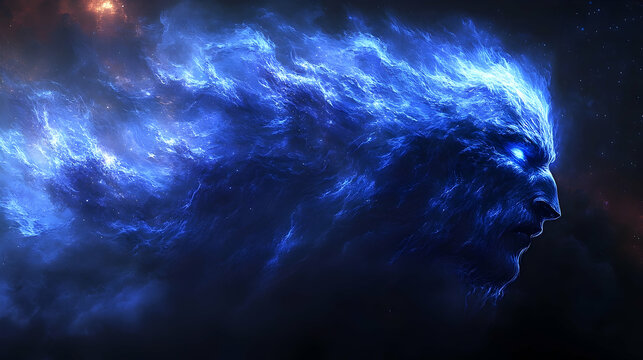 Ethereal, glowing, blue spectral face emerges from dark, cosmic clouds, intense eyes staring, rendered digital art