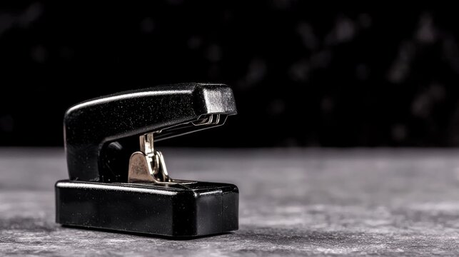 A black stapler with a silver handle and foot rests on a gray surface.