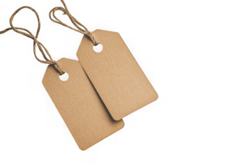 Two kraft paper tags with string price tag label tagging blank gift tag merchandise tags isolated on transparent background