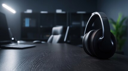 A pair of black headphones on a desk.
