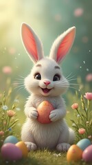 Cute rabbit holds colorful egg surrounded by flowers in a joyous spring setting vertical