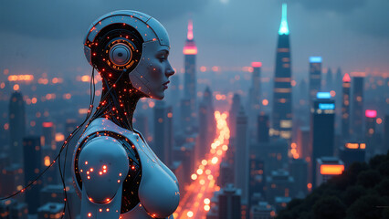 Obraz premium futuristic metropolis sprawls across darkened cityscape neon lights dance alongside humanoid figures bathed soft ethereal glow
