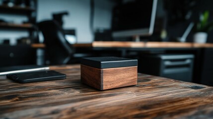 A wooden box with a black lid sits on a wooden desk.