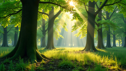 gentle spring beech forest aglow vibrant greens soft warm sunlight casting dappled shadows camera positioned low capture lush