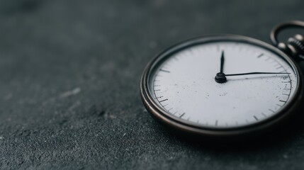 A black and white pocket watch with a silver face and black hands.
