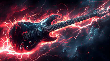 Electric Guitar with Stormy Background of Lightning and Energy
