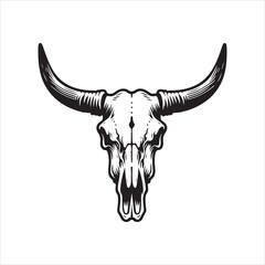 Western Cow Skull with Long Horns – Black and White Vector Line Art