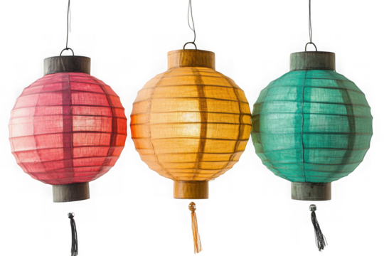 Hanging paper lanterns decoration party celebration festival red yellow green lanterns isolated on transparent background