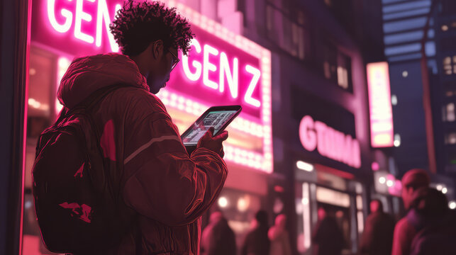 Urban Explorer: A contemporary individual stands in a vibrant cityscape, immersed in the digital world with a sleek tablet, surrounded by the energy of urban nightlife.