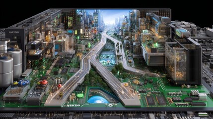 Obraz premium Futuristic cityscape embedded in cutaway computer system unit for technology and innovation concepts