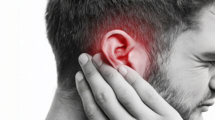 A person holding their ear in pain, redness visible on the skin near their temple and neck area. 