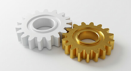 Two gears one white and one golden meshing together on a white background in a close up shot