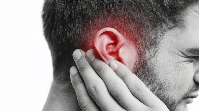 A person holding their ear in pain, redness visible on the skin near their temple and neck area. 