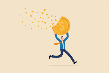 Bitcoin price falling down make investor or trader losing money, crypto value dissolve into dust particle concept, frustrated investor trader running away with his dissolving, crash into dust Bitcoin.