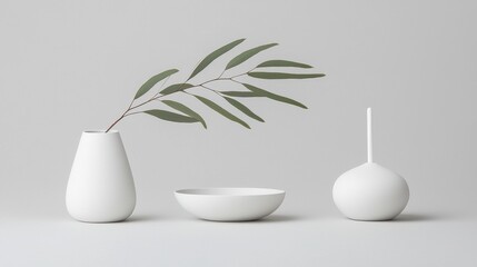 A minimalist arrangement of three white vases and a bowl on a gray background.
