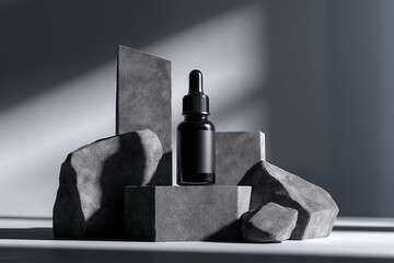 Bottle of serum placed on geometric grey rocks in a minimalist setting with soft shadows