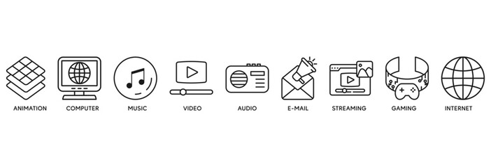 Multimedia icon set vector illustration concept relate to animation, computer, music, video, audio, e-mail, streaming, gaming and internet