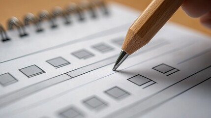 Close up of a pencil about to mark a checkbox on a form with a spiral binding at the top