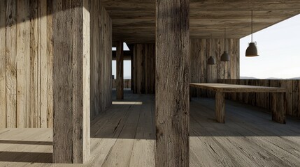 A rustic wooden interior with a long table and hanging lamps.