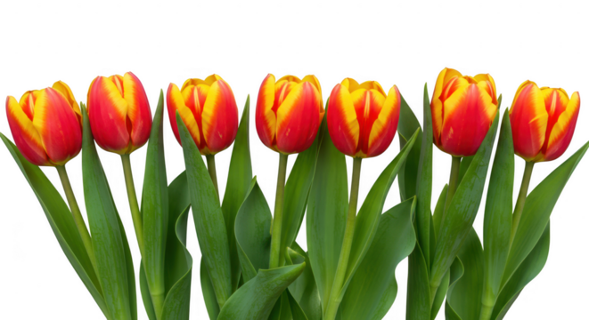 Row of red and yellow tulips isolated on transparent background - Powered by Adobe